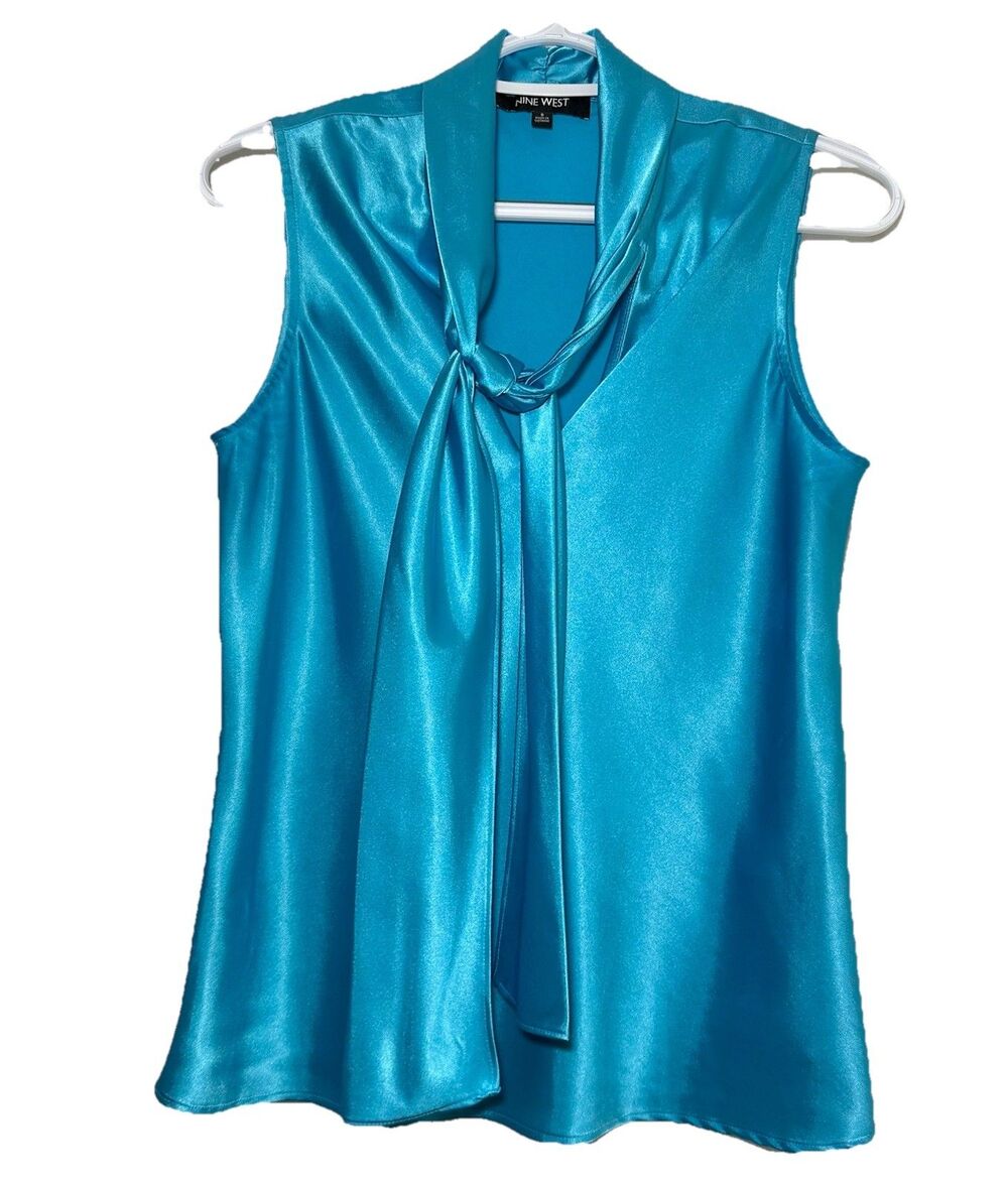 Nine West Sleeveless Satin Tie Neck Blouse Top Turquoise Blue Size Small